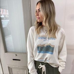 Anine Bing Cream Graphic Long Sleeve Tee with Blue Print